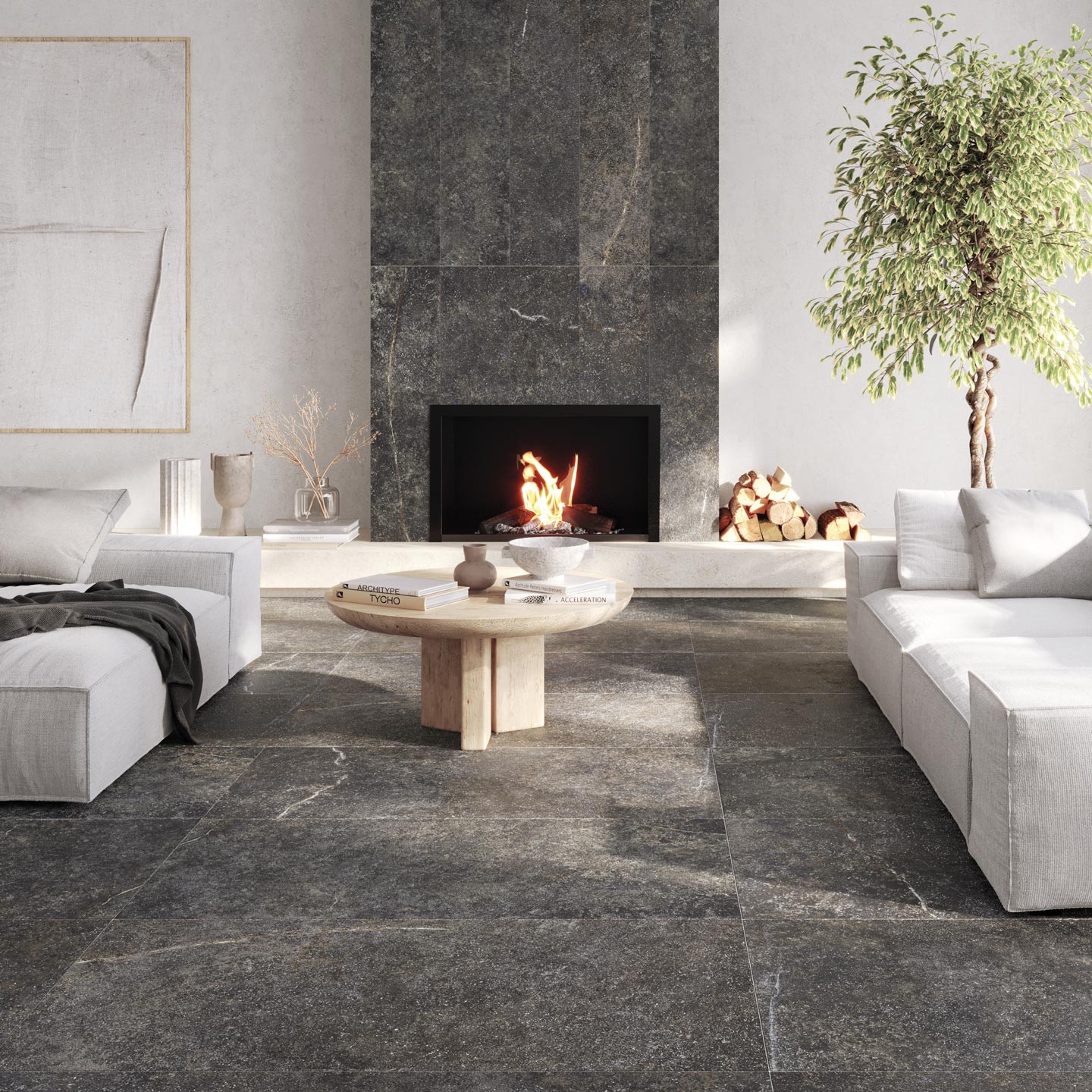 Collezione G-Stone nella variante Nero Ragusa: un raffinato ambiente living che mette in risalto l'eleganza del gres porcellanato effetto pietra scura.