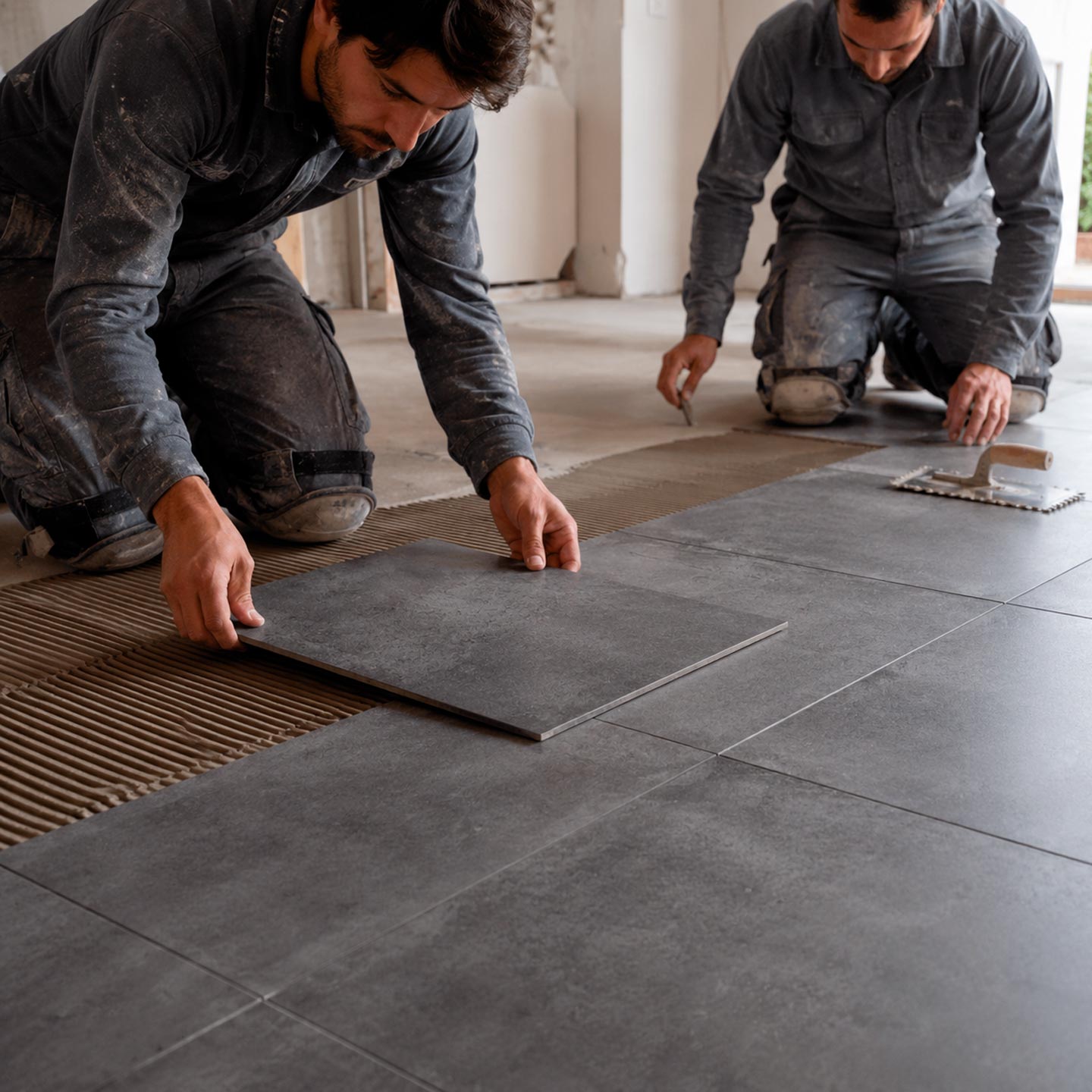 Due posatori professionisti installano pavimentazione in gres porcellanato effetto cemento scuro all’interno di un appartamento in ristrutturazione, con posa precisa delle grandi lastre in un ambiente luminoso e contemporaneo.